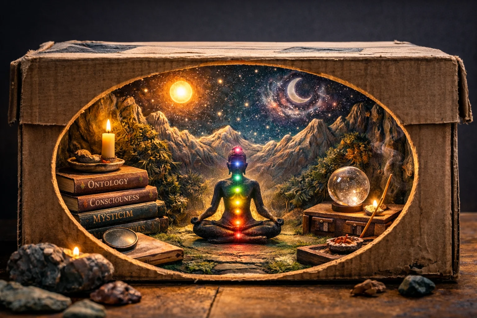 A worn shoebox diorama seen through a cutout: a miniature scene with a meditating figure and glowing chakras, books, candles, and a starry mountain sky.