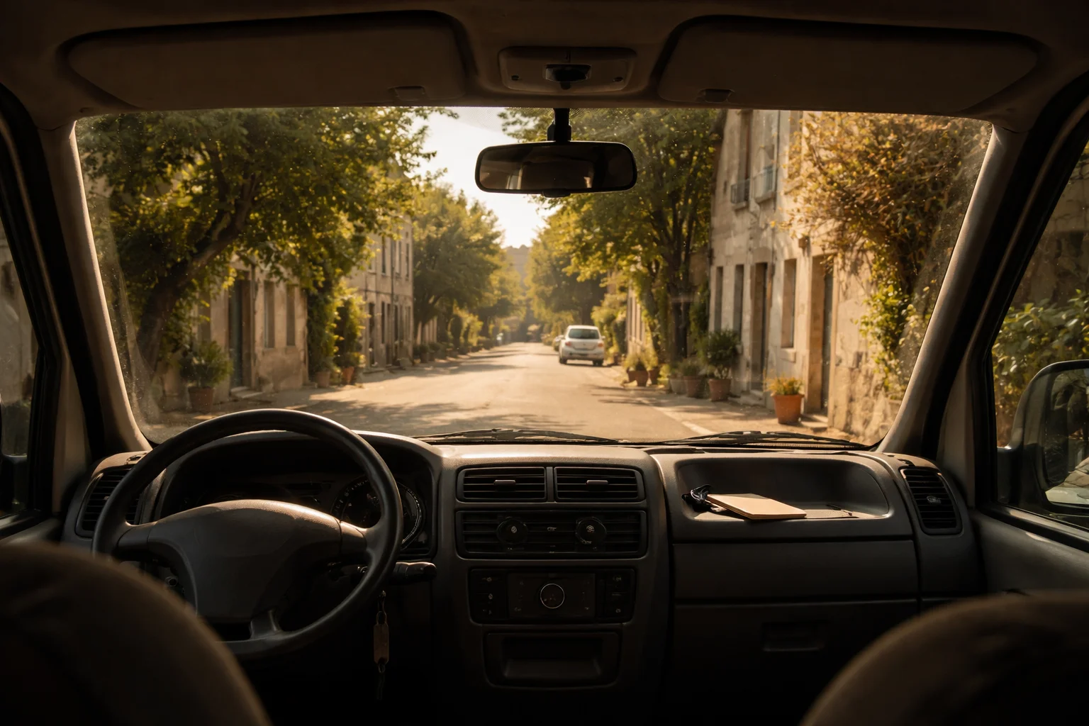 A quiet sunlit street seen from inside a parked van, suggesting stillness and inner openness.